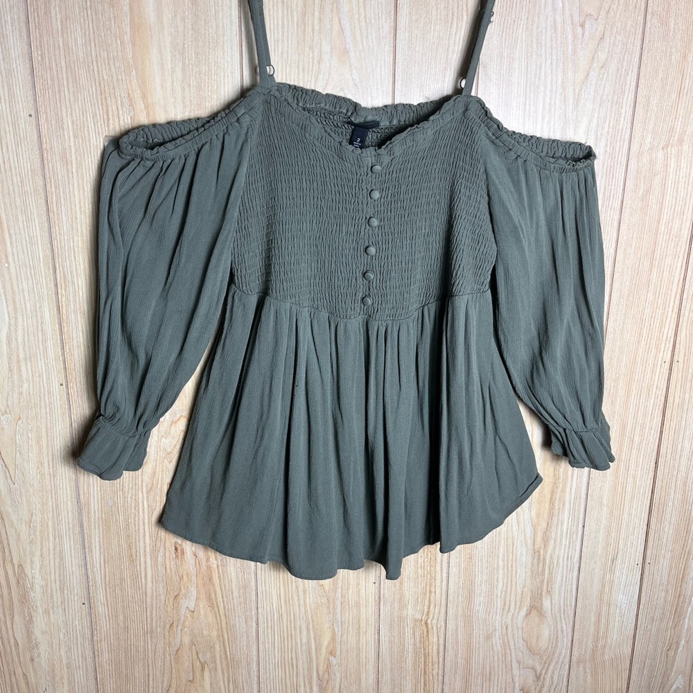 torrid Olive Green Cold-Shoulder Smocked Babydoll Blouse